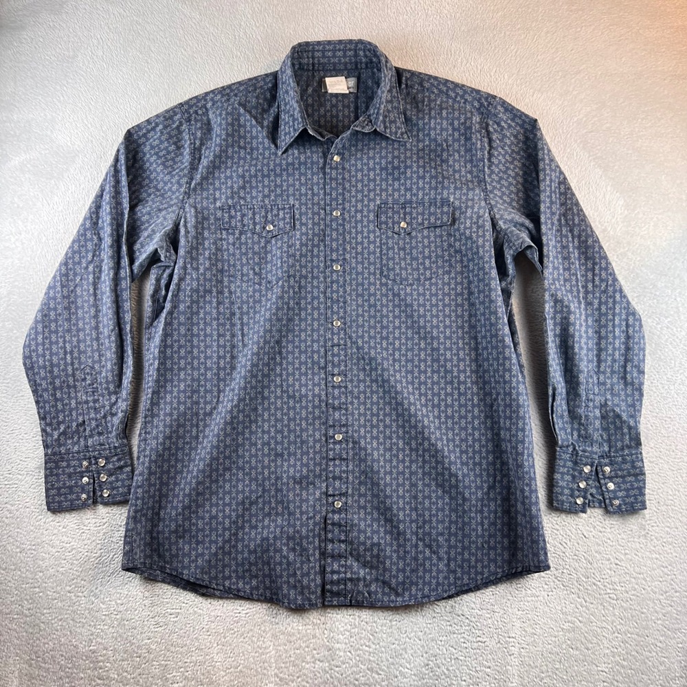 Wrangler Wrancher Mens XLT Blue Geometric Western Pearl Snap Shirt MTW1464 READ
